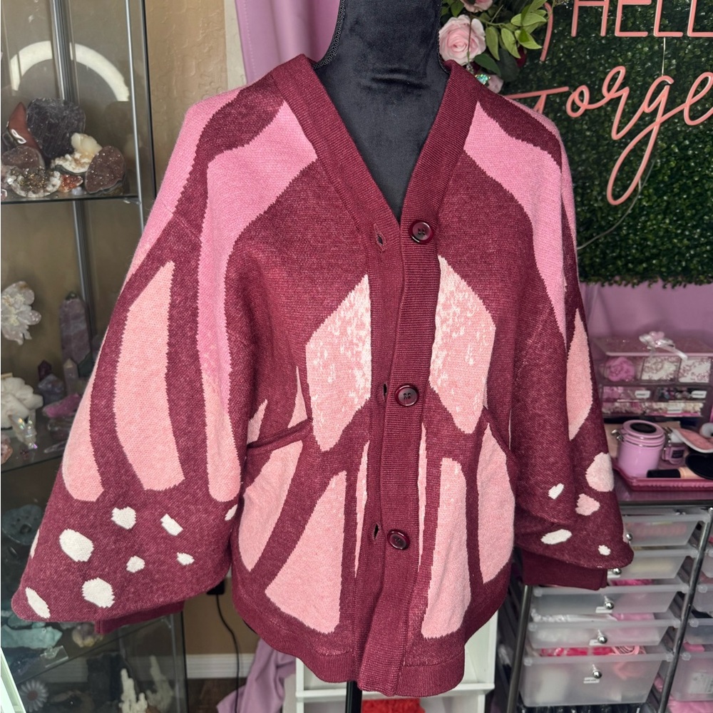 Mochipan Pink & Burgundy butterfly cardigan